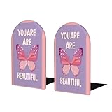 You Are Beautiful Text Butterfly Pink Minimale Buchstützen für Regale, 2 Stück Holz-Buchstopper Organizer für Home Office Bibliotheken