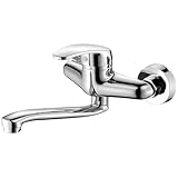 GAOUTO Wasserhahn Wandmontage, 360° Drehbar Edelstahl Küchenarmatur Wandmontage, Schwenkarm 25cm Wasserhahn Küche, Kalt und Heiß Einhebelmischer Mischbatterie, Mischbatterie Küche, Wall Mounted Tap