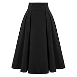 Damen Retro Maxirock Hoher Taille Rockabilly Rock Lang Festlich Tellerrock Faltenrock A Linie Rock Basic Skater Faltenrock Knielänge (Black, L)