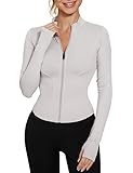 IECCP Sport Tshirts Damen Langarm Laufshirt Gym Crop Top Trainingsshirt Reißverschluss Sportshirt Workout Oberteil mit Daumenlöcher Elfenbeingrau XS