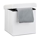 Relaxdays Faltbarer Sitzhocker, Sitzcube mit Stauraum u. Deckel, Fußablage, Sitzwürfel aus Kunstleder, 38x38x38 cm, weiß