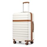 KONO Koffer Trolley Mittelgroß Koffer Reisekoffer von ABS+PC Hartschalenkoffer mit 4 Rollen TSA Schloss (Creme/Braun,L)