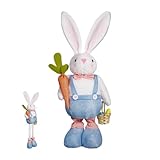 Osterhasenpuppen, stehende Kaninchenpuppe, Netter gefüllter Kaninchen mit einziehbarem Frühlingsbein, Osterhause Display Ornament, Kaninchen mit Korb und Karotten für Kinder, Kinder und Erwachsene häl