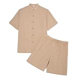 YWLINK Herren Baumwolle Leinen Atmungsaktiv Zweireihig Hemd Shorts Anzug Hose Anzug (Khaki, S)