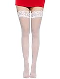 Adove Damen Strümpfe mit Spitze und Silikon Oberschenkelhohe halterlose Damen-Spitzenstrümpfe mit Silikon -Weiß