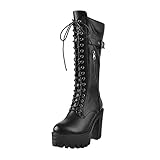 Only maker Damen Schnürsenkel Stiefel Reißverschluss Profilsohle Plateau Stiefel Blockabsatz Schwarz Lederopotik 38 EU