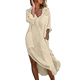 Sommerkleid Damen Lang, Bikini Cover Up, Freizeitkleid Mit Taschen, Leinen KleiderDamen Sommer, A Linie KleidDamen Knielang, Hohe Taille Frauen Mädchen