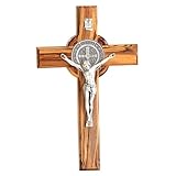 Kassis Geschenkartikel Olivenholz St. Benedikt Kreuz zum Aufhängen Benediktuskreuz Wandkreuz Kruzifix zur Firmung Geburt Kommunion Taufe 16 x 9,5 cm