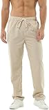 HOEREV Men Casual Strandhosen Leinen Hose- Gr. M (Taille 33-35 zoll), Beige