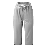 Caprihose Damen Sommer Kurz Hose Regular Fit Freizeithose Leichte Sommerhose Hohe Taille Jogginghose Knielang Shorts Einfarbig Gerade Sweatpants Yogahose Elastischem Bund Stoffhose (Grey-2, M)