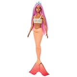 Barbie Meerjungfrau-Puppe mit fantasievollem Haar in Pink mit Haarband, Puppe mit Seestern-Oberteil und weicher orangefarbener Schwanzflosse, HRR05