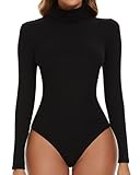 SHAPERIN Body Langarm Damen Rollkragen Bodysuits Oberteil Tanga Leotards Overall Elegant Langarmbody Schwarz M