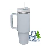 LOITTAINUE Thermobecher mit Strohhalm und Henkel, 1180ml 40oz Kaffeebecher To Go mit Deckel, Doppelwandiger Edelstahl Vakuum Isolierbecher, Tragbare Autobecher für Kalte Heiße Getränke (Grau)