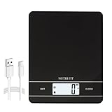 NUTRI FIT Wiederaufladbare Digitale Küchenwaage, USB-Type C Elektronische Lebensmittelwaage, Breites Gehartes Glas Wiegeplattform, Hinterbeleuchtetes LCD, 11lb/5kg, Back- & Kochwaage, Schwarz