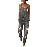 Lässiger Damen-Overall, locker, gerader Denim-Latzanzug, Jeans-Hose, kurze Ärmel, Strampler für Damen, lässig, grau, XL