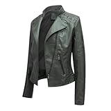 OWEIEYEU Damen-Motorradjacke aus Kunstleder, gekerbtes Revers, Reißverschluss, schmale kurze Jacken Mäntel, Military GN8, XXL