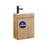 Kometmöbel Gäste-WC Waschtisch Set 40 cm Badmöbel Vormontiert Klein Waschbecken mit Unterschrank mit Wasserhahn Schwarz (Eiche, mit Mischbatterie Schwarz)