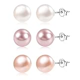3 Paar Perlen Ohrstecker, Perlen Ohrringe 925 Sterling Silber für Damen Frauen Mädchen, SSüßwasserperlen Ohrstecke Ohrringe Set mit hypoallergenen Schlafen Knorpel Ohrstecke Klein (Weiß/Rosa/Lila)