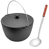 Gusseisen Topf 6 L mit Deckel und Schöpflöffel Kazan mit Bügel Schwenktopf Campingtopf Gulaschkessel Schmortopf Dutch Oven Induktionsgeeignet & Ofenfest Gusseisentopf für Kochen & Braten Asia WOK