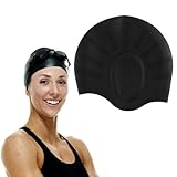 Badekappe Gehörschutz 3D, Schwimmkappe mit Ohrschutz Schwimmen für Damen, Herren und Kinder, Ohrenschutz Schwimmen, rutschfest, Reißfest, für Lange und Kurze Haare, Silikonmaterial