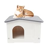 Katzenhaus Wetterfest Wasserdicht Wurfkiste 58 * 45 * 42cm Balkon Katzenkiste Innen- und Draußen Hütte mit erhöhtem Sockel für Katzen Wildkatzen kleine Hunde Grau-Weiß