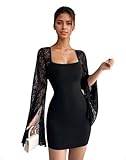 EMOTTOS Damen-Minikleid aus Mesh mit Quadratischem Ausschnitt, Elegantes Wickelkleid mit Glockenärmeln und Schlitz, Spitzenkleid für den Abend, Club oder Cocktailparty, Schwarz, L