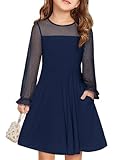 Haloumoning Kleider Mädchen Festliches Prinzessin Kleid Kinder Kontrast Mesh Langarm Puff Sommerkleider Elegant A-Linie Rundhals Partykleid mit Taschen, Marineblau, 13-14 Jahre