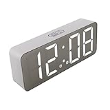 Zerodeko LED Spiegel Wecker Mit Kalender Und Temperaturanzeige Digitale Tischuhr Ohne Batterie Moderne Tischuhr Silberner Spiegel