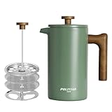 Poliviar French Press Kaffeebereiter 1 Liter/8 Tassen, Doppelwandige Isolierte Kaffeekanne und Teebereiter, Handfilter Kaffeepresse mit Plunger & Griff aus Holz, Flatland (Grün) JX2020-FPN-DE