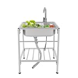 HuKaiL Freistehende Edelstahl Spültisch, Küchenspüle Spülenschrank mit 360° Heiß & Kaltmit Armatur, Gewerbliche Spülbecken Komplettspüle mit 60kg Tragkraft für Küche, Wäsche, Garage, 60 * 45 * 75cm
