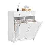 SoBuy Badezimmerschrank mit Wäschekorb - Badschrank mit 2 Wäschesäcken, 2 Schubladen - Stabiler Wäscheschrank für Bad, Waschküche - Modernes Badmöbel aus Holz, Weiß, 78x90x38cm, BZR33-II-W