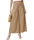 PASUDA Hose Damen Leinenhose Sommer Cropped Freizeithose Weites Bein Hosen Leicht Elegant Baumwolle Bequeme Palazzo Lässig Hose Elastische Taille Sommerhose Stoffhose mit Taschen (Khaki, XL)