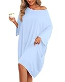 wihnsinop Damen Nachthemd Bambus Kurzarm Nachtwäsche Schlafshirt Sleepshirt U-Ausschnitt Sommer Schlafkleid Nachtkleid Schlafhemd Sleepwear Negligee T-Shirt Dress (Babyblau)