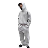 Generisch Zweiteiliger Sportanzug für Herren, lässig, einfarbig, mit Kapuze, Tasche, Raglanärmel, Hoodies, Kordelzug, Fleece-Hosen-Set Hosenanzug Herren Kariert (Grey, XXL)