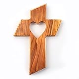 KASSIS Olivenholz Kreuz Kruzifix Wandkreuz mit verschiedenen Glaubenssymbolen zum Aufhängen aus Bethlehem zur Firmung, Taufe, Kommunion 13 x 9 cm (Herz)