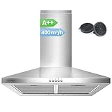 COMFEE' CH60A17EM400SS A++ Dunstabzugshaube 60cm Umluft & Abluft, Wandhaube mit Aktivkohlefilter, 400m³/h Luftstrom, 5 Schichten Waschbarer Fettfilter, Einstellbarer Kamin, Silber