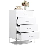 WLIVE Kommode Weiß mit 4 Schubladen, Kommode Flur, Kommodenschrank für Schlafzimmer, Büro, Kommode Wohnzimmer aus Holz, mit Stabiler Metallrahmen