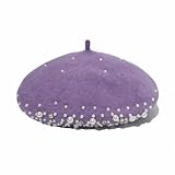 Baskenmütze für Damen, französische Wolle, klassische Beanie, Wintermütze, einfarbig, Malermütze mit künstlichen Perlen, violett, Einheitsgröße