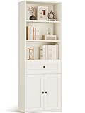 Coleshome Bücherregal mit Türen und Schrank Regal mit 5 Ebenen, Stehendes Etagenregal mit Schubladen zur Aufbewahrung und Präsentation für Zuhause, Büro, Wohnzimmer, Schlafzimmer, Weiß, 48x24x164.2