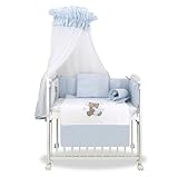 Beistellbett Bärchen Holz für Neugeborene – 3in1 höhenverstellbar Babybett mit Matratze, Blauer Bettwäsche-Set, Co-Sleeping, für Babys von 0 bis 6 Monaten