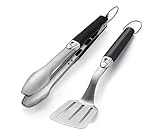 Weber Premium Grillbesteck - Kompakt, 2-teilig aus Edelstahl, bestehend aus Grillzange (38cm) und Wender (35cm), mit praktischen Henkeln, spülmaschinenfest - Silber (6645)