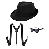 UILYNIU 3 Stück Mafia Gatsby Gangster Kostüm Herren, 1920s Jahre Herren Accessoires Fedora Hut Gläser Hosenträger Set, Panama Gangster Hut Flapper Kostüm fur Halloween Karneval Kostümparty