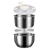 Sirxlevcy 6L Salatschleuder Edelstahl Großer Gemüsewäscher mit PP-Deckel für Obstwäscher Nudel- und Pommes- Salattrockner