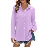 Musselin Bluse Damen Elegant Langarm Button Down Leinenbluse Casual V-Ausschnitt Langarm Blusen Hemdbluse Longbluse Einfarbige T-Shirts Leinen Langarmshirt Leinenoberteile Damen Hemd Weiße Sommerbluse