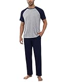 Bresdk Schlafanzug Herren Lang Pyjama Baumwolle Zweiteiliges Set Kurzarm Shirt Lange Pyjamahose Sommer Nachtwäsche für Männer