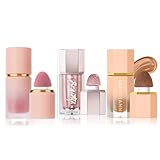 3er-Pack Kontur, Highlighter & Rouge Set - Langanhaltend, Natürlich, Leicht, Aufbaubar - Konturierungsbronzer, Flüssiger Rouge-Stick, Highlighter-Schminkstift (Set A)