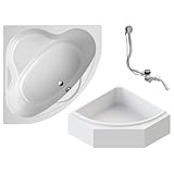Schulte Eckbadewanne 140x140 cm, Komplettset inkl. Wannenträger, Ab- und Überlauf, Modell S aus hochwertigem Acryl in Weiß glänzend