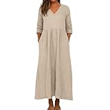 Generisch Langes Kleid Damen Elegant Damen Langarm V-Ausschnitt Maxikleid Herbst Winter Baumwolle Kleid Lässiges Maxikleids Mit Rundhalsausschnitt Casual lockerer Beige XXL