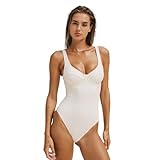 YAKISWIIM Einteiliger Damen-Badeanzug, Bauchkontrolle, sexy, tiefer V-Ausschnitt, frech, hoch geschnitten, Weiss/opulenter Garten, XL