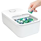 Waschmittel Pods Aufbewahrung für 100 Wäschepods,Waschmittelbox mit Schiebedeckel,Waschmittel Organizer mit Messbecher und Zeitaufzeichnung, Waschmittelbehälter für Waschpulver (1, Weiß)